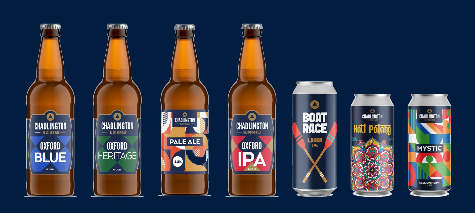 Chadlington Brewery current range: Oxford Blue, Oxford Heritage, Pale Ale, Oxford IPA bottles and Boat Race, Kati Patang, Mystic cans