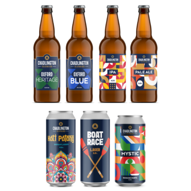 Chadlington Brewery range: Oxford Heritage, Oxford Blue, IPA and Pale Ale bottles plus Kati Patang, Boat Race and Mystic cans